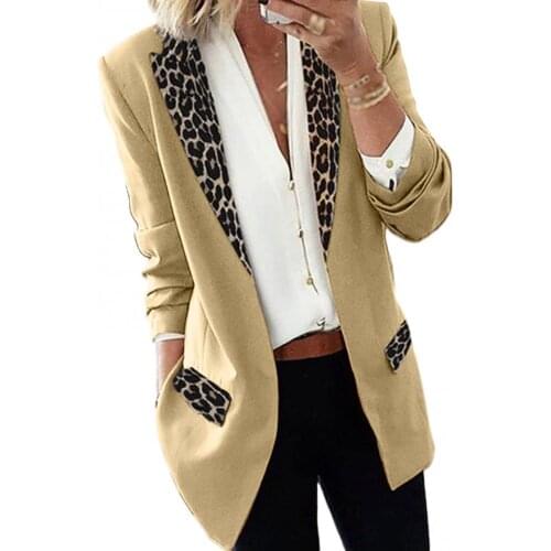 Women Casual Pockets Female Suits Coat Blazer Jacket Lapel Leopard Patchwork Blazer Long Sleeve Open Front Slim Coat Jacket Suit