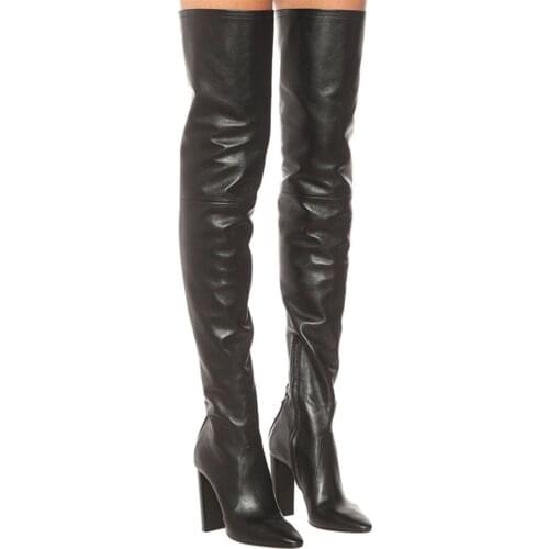 HARAVAL Women 10.5cm Super High Heels Sexy Fashion Lady Over Knee High Boots Thick Heel Black Lace Up Elastic Leather BootsE168L