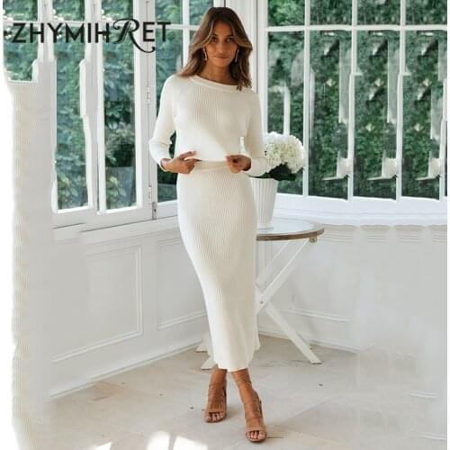 ZHYMIHRET Women Knitted 2 Pieces Set Sweater Dress Pullovers Skirts Set Elegant Office Lady Midi Dress Sets 2020 Autumn Winter