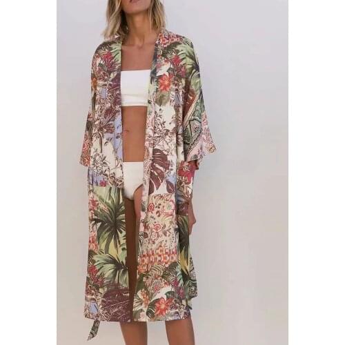 2021 Summer Vintage Beach Style Women V Neck Patchwork Print Belt Jacket Female Casual Split Poplin Middle Length Top