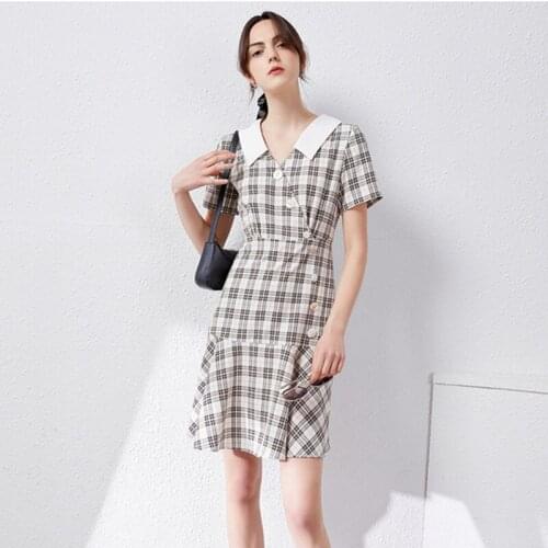 Summer Dress Plaid Casual Womens Dresses Patchwork Button Womens Summer Long Dress Short Sleeve Summer Dresses Ladies 2021
