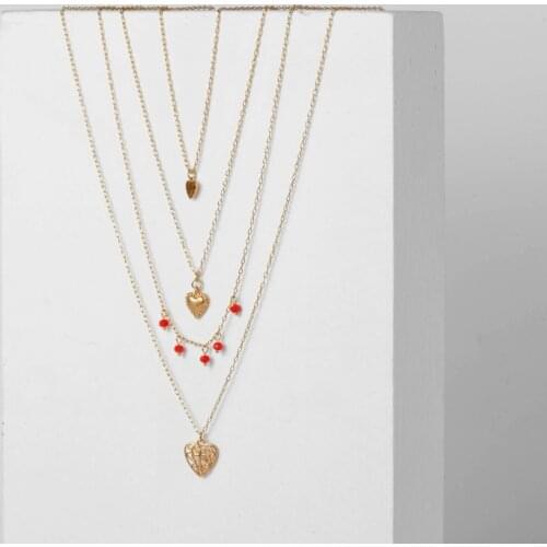 Fever&Free Multi Layer Heart Necklaces For Women Simple Temperament Red Beads Pendant Choker Necklaces For Female Wedding Collar