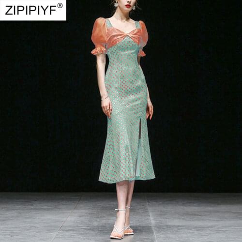 2021 Summer Runway Fashion Ruffle Design Dot Printing Slit Mid Waist Short Puff Sleeve Square Neck Long Vintage Dresses Z074