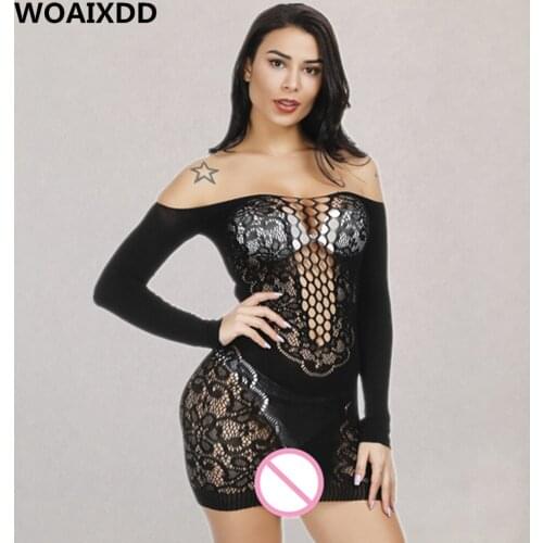 Plus Size Women Sexy Long Sleeves Hollow Dress Erotic Flower Printed Lace Intimates Underwear Adult Female Perspective Pajamas