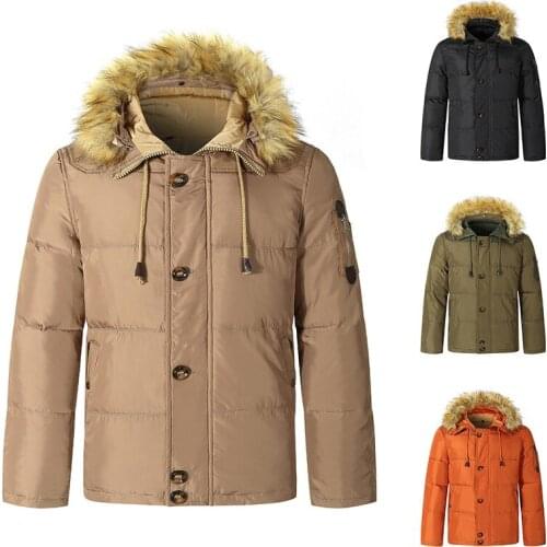 Winter down coat new mens button zipper design fur collar hooded down jacket thick warm white duck down coat parka
