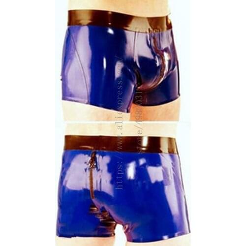 100% handmade latex shorts mens blue latex zipper underwear and made of 0.4mm thickness natural latex materials