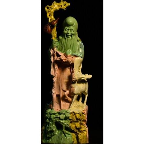 9"China Lucky Old Boxwood Painted Hand-carved Birthday star statue Sika deer God of Longevity Office Ornaments Town House