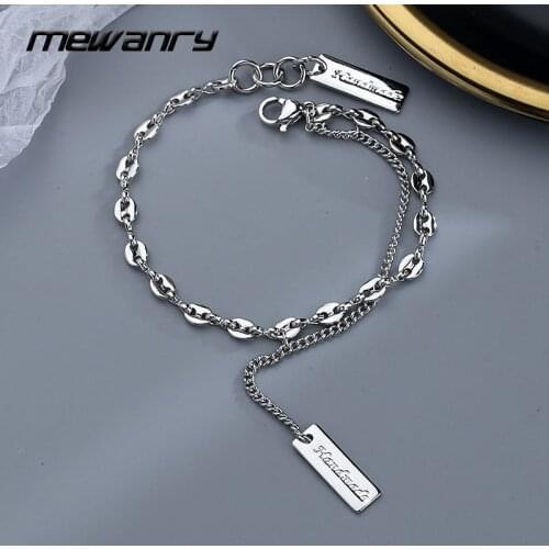 MEWANRY 925 Sterling Silver Double Layer Chain Bracelets INS Fashion Vintage Hollow Geometric Tassel Square Card Party Jewelry