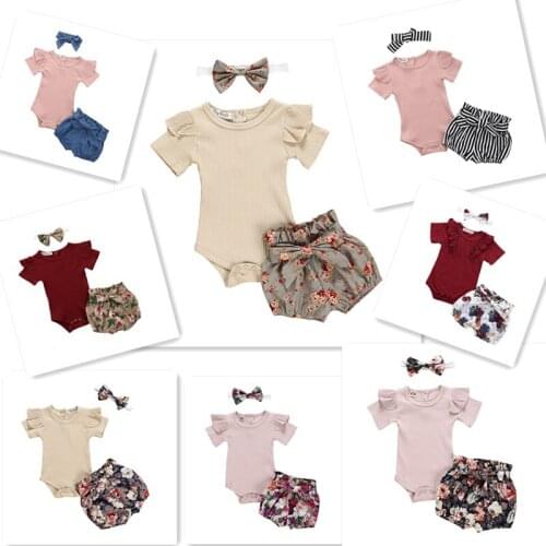 Summer Newborn Baby Girl Kids Clothes Fashion Set Short Sleeve Romper+short Pants+Headband Infant Clothing Toddler Outfits Suit