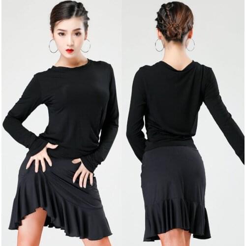 Latin Dance Costume For Women Adult Practice Clothes Latin Dance Skirt Long Sleeve Shirts Black Skirts Rumba Dance Set SL1863