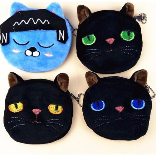 M167 Cute Cartoon Coin Purse Black Cat Blue,Yellow ,Green Eyes ,Squinting Listen To The Music Blue Cat Wallet Card Bag