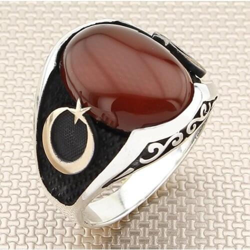 Dished Oval Red Agate Stone Men Silver Ring With Turkish Flag and Crescent Star Motif Made in Turkey Solid 925 Sterling Silver