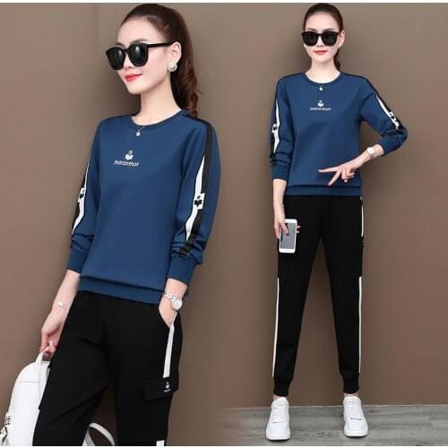 Soft Cotton Casual Plus Size O-Neck Pullover Women 2021 new autumn Loose Tracksuit Tops + Long Pant Two-Piece Running Sportswear