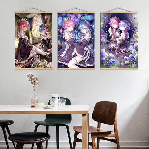 Wall Art Re Zero Anime Girl Solid Wood Hanging Scroll Canvas Painting HD Printed Emilia Rem Ram Home Decor Bedroom Maid Poster