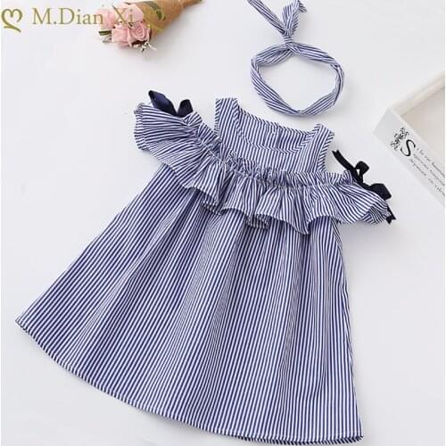 Girls Clothing Dress Toddler Kids Baby Girls Cute Birthday Clothes Blue Striped Off-shoulder Ruffles Party Gown Dresses+Headband