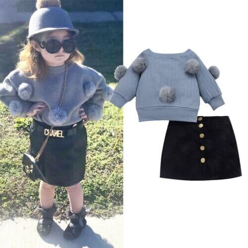 Pudcoco 2PCS Toddler Baby Girls Autumn Winter Clothes Long-sleeved Sweater Knitted Tops + Half Skirt Warm Outfit Set 2-6 Years