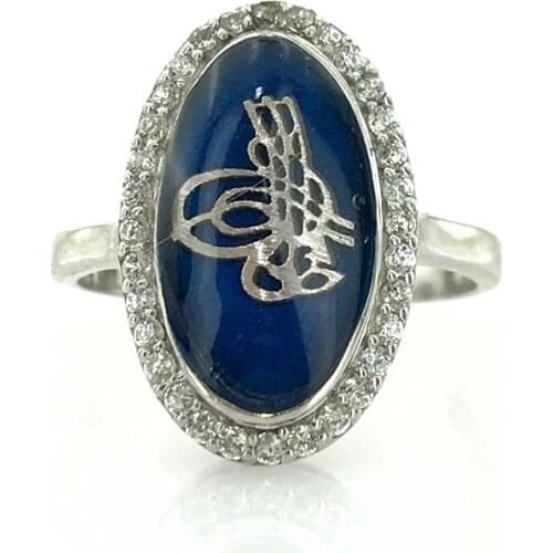 Blue Cabochons Ottoman Tuğra Embroidered Silver Lady Ring