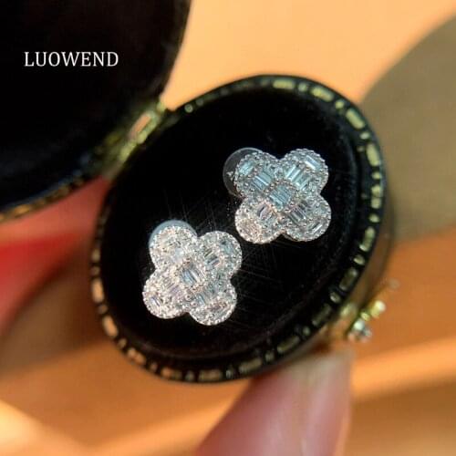 LUOWEND Real 18K Solid White Gold Stud Earrings Diamond High Quality Engagement Party Jewelry Four Leaf Clover Shape Design