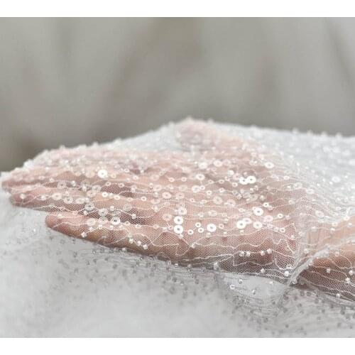 Sequined Tulle Lace Fabric Wedding Photography Prop Bridal Lace Fabric With Beads
