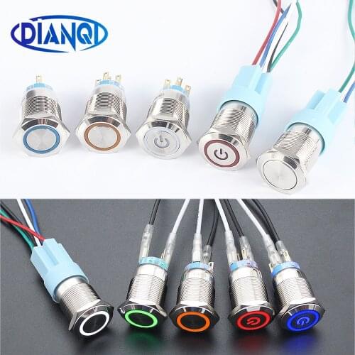 19mm Waterproof Metal Latching Momentary Reset Horn Push Button Switch LED Press Ring Light Car Auto PC Power 12V 24V 220V 3V