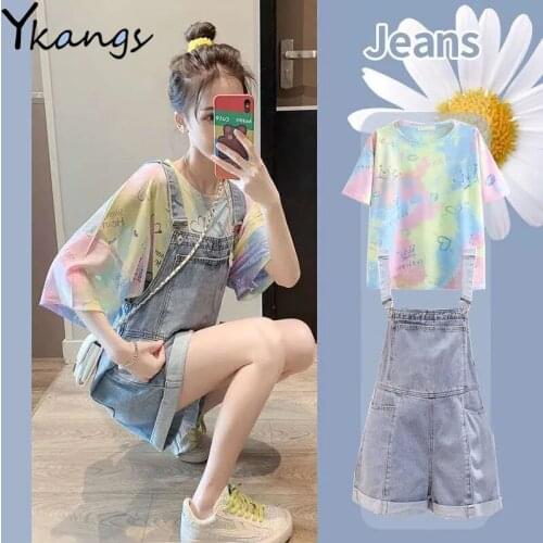 Plus Size Womens Denim Bib Shorts Loose Tie-dye T-shirt Two-piece Suit Korean Casual Campus Style Ladies Tracksuit Shorts Set