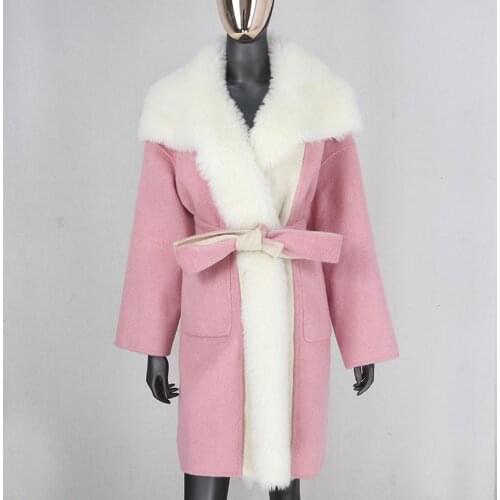 BLUENESSFAIR 2020 Loose Cashmere Wool Blends Real Fur Coat Winter Jacket Women Natural Wool Fur Collar Outerwear Belt Streetwear