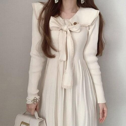 South Koreas New French Vestidos Womens Navy Collar Lace Bow Tie High Waist Knitted Pleated Midi Dress KK785