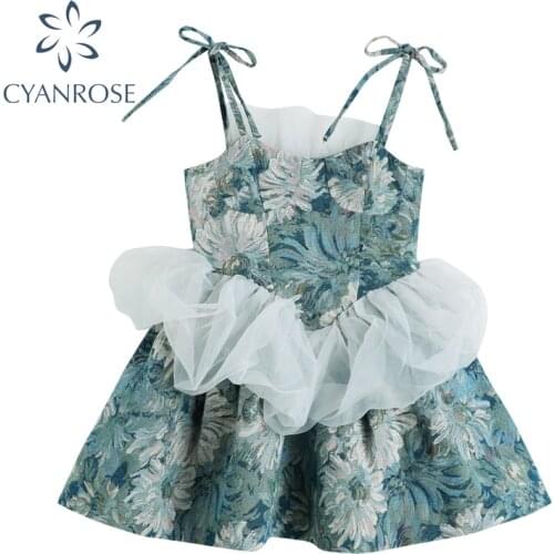 Summer Frocks For Women 2021 Korean Painting Printed Mesh Patchwork Waist Vintage Short Ball Gown Spaghetti Strap Dress Female