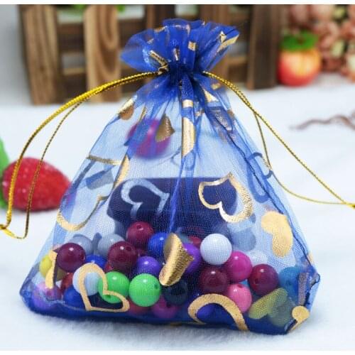 200pcs/lot Royal Blue Organza Bags 7x9cm Small Wedding Candy Jewelry Gifts Packaging Bag Heart Design Organza Gift Bag Pouches