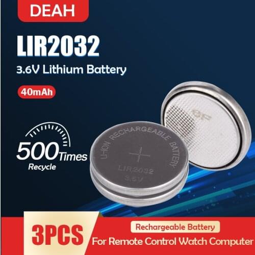 3PCS LIR2032 LIR 2032 3.6V Rechargeable Lithium Battery For Watch Remote Control Scale Button Coin Cell Replace CR2032 ML2032