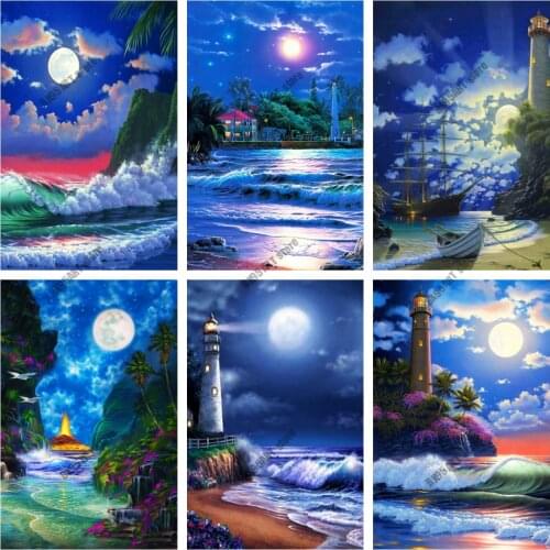 5D DIY Diamond Painting Seaside Moon Diamond Embroidery Full Square/Round Cross Stitch Kits Mosaic Home Decoration Pictures
