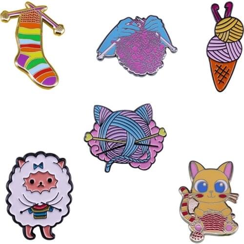 Knitting Theme Pin Sheep Cat Knitters Brooch Rainbow Socks Ice Cream Badge Gift For Her