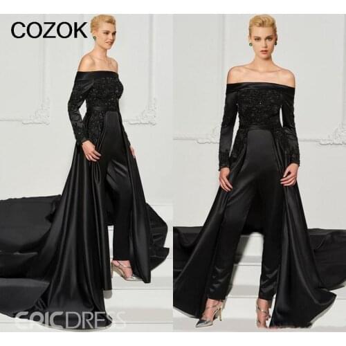 Black Lace Prom Jumpsuit Gown With Overskirt 2021 Off Shoulder Long Sleeve Stain Arabic Celebrity Evening Dress with Pant Suit
