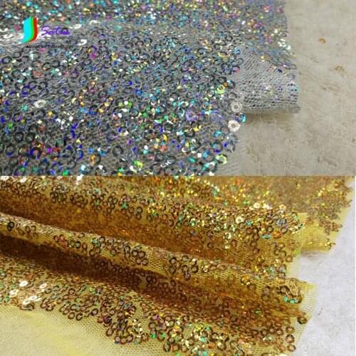 Cheap Price 2 meters Performance Dress Wedding Decoration Cloth Holographic Gold and Silver 3mm Ring Sequin Laser Fabric A0347L
