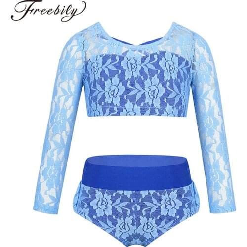 Kids Girls Dance Class Dancewear Lace Criss Cross Back Crop Top with ruffled Briefs Outfit Set for Dancing Stage Performance