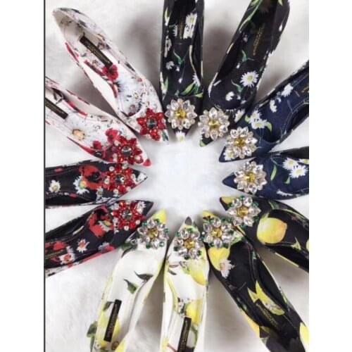 Elegant woman high heel flower daisy black pointed toe diamonds shoes woman yellow daisy flower high heel crystal shoes