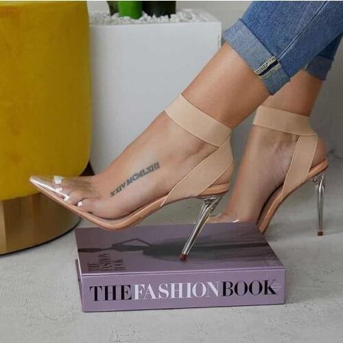 MHYONS 2019 Concise PVC Women Sandals Transparent Clear Glass Thin High Heels Pointed Toe Slip-On Dress Lady Shoes Apricot