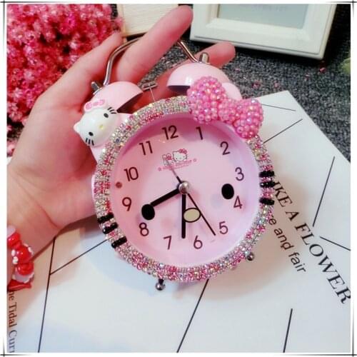 Kitty Cute Clock with Rhinestones Doraemon Alarm Clock Kids Desk Retro Clock with Night Light Kawaii Antique Table Clock