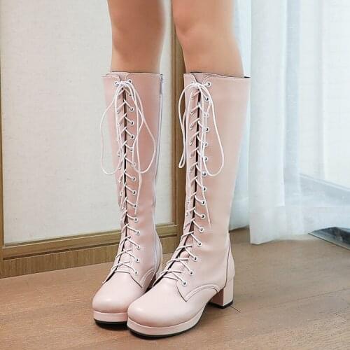 Fashion Womens High Knee Boots Winter Shoes Woman Lovely Sweet Lace Up Purple Pink White Lolita Shoes Girls Boots Large Size 48
