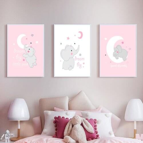 Pink Elephant Star Moon Canvas Children Poster Print Baby Girl Nursery Wall Art Picture Painting Nordic Kids Bedroom Decoration