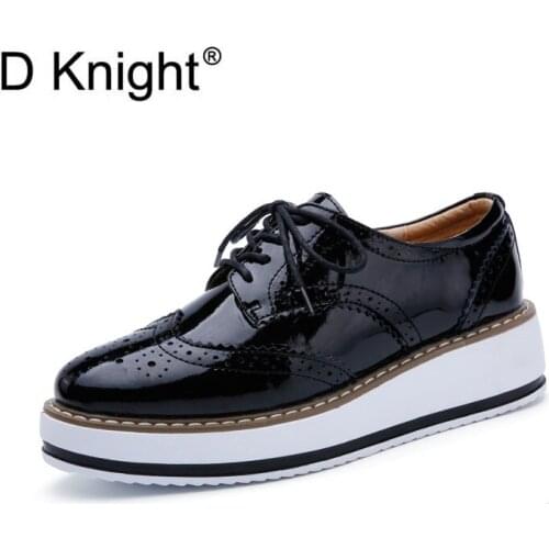 New Womens Casual Platform Oxford Shoes Vintage Patent Leather Women Oxfords Fashion Round Toe Lace Up Women Flats Size 34-41