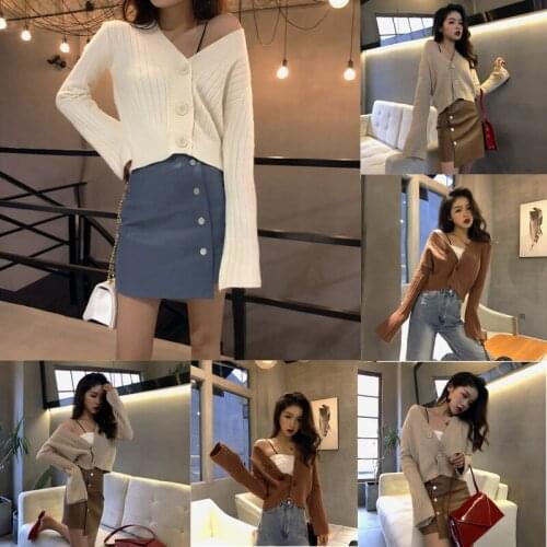 Autumn Winter Women V Neck Cropped Cardigan Sweater Long Flare Sleeve Sweater Korean Ribbed Knitted Cotton Tops Outwear Mujer