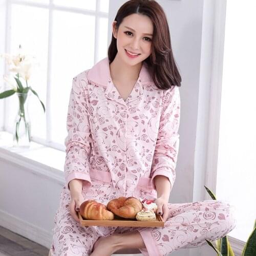 New Arrival Fashion Spring Autumn Cotton Long Sleeve Pajama Full Length Pajamas For Women Set Comfortable Size MLXLXXLXXXL