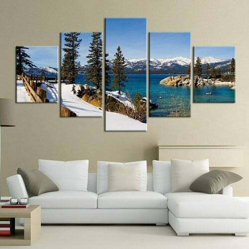 Winter Mountain River Poster Refres 5 Pcs Canvas Picture Print Wall Art Canvas Painting Wall Decor for Living Room Poster Framed