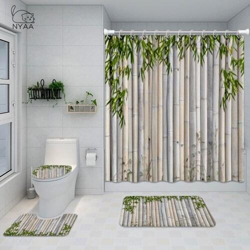 Fabric Shower Curtain Set Green Bamboo 3D Print Bathroom Curtains Waterproof Mildew Proof With Hooks Bath Curtain Home Decoratio