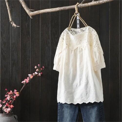 White Beige Elegant Hollow Out Crochet Shirt For Women Patchwork Cotton Short Sleeve Korean Style Breathable Lace Blouses Blusas