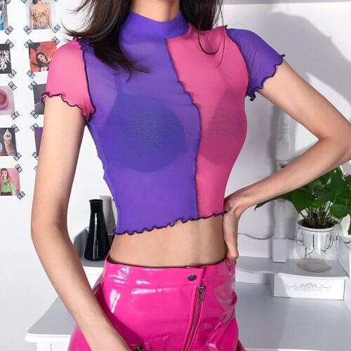 2021 Fashion Mesh Sheer T-shirt Women Summer Short Sleeve Color Block Crop Top Casual Club Sexy Slim Tee Shirts Female