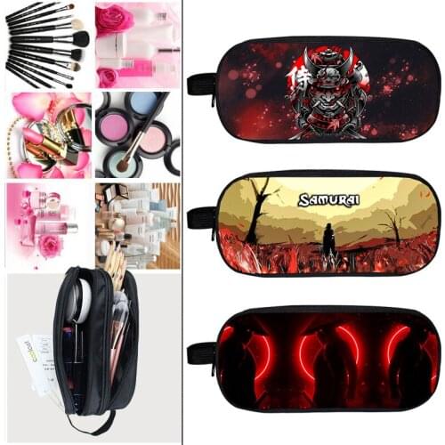 Samurai Japan Warrior Sword Katana Coolie Rice Hat Print Pencilcase Kids Penbag Harajuku Ghost Kanji Handbag Women Cosmetic Bag