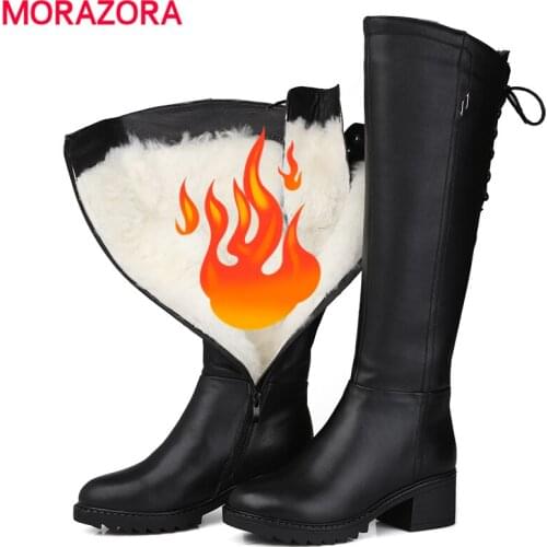 MORAZORA Russia 100% Nature Wool Winter Boots Genuine Leather Knee High Boots Thick Fur Warm Snow Boots Female Shoes