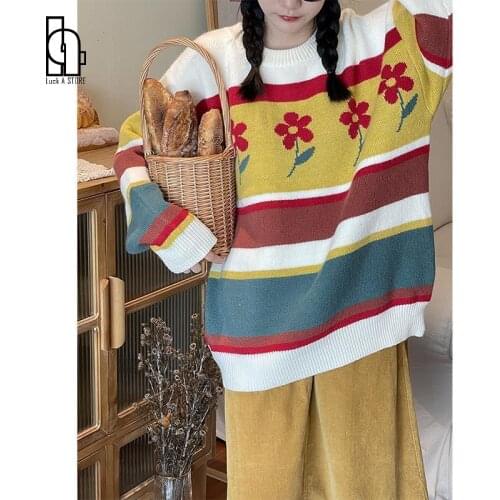 Luck A New Women Autumn O-neck Floral Print Long Sleeve Sweater Lady Casual Loose Striped Harajuku Knitted Oversized Pullovers